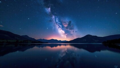 Starry night with a lake and glowing star trails reflected in the water, glow, reflective, stars