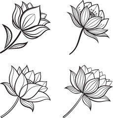 Obraz premium Vector illustration of four black and white lotus flowers accompanied by leaves, forming a logo icon set