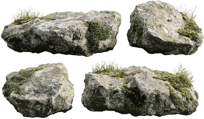 Vector mossy stone backgrounds, realistic cut out transparent PNG file, green moss texture, natural rock surface, isolated elements, 3D stone clipart, decorative moss-covered stone