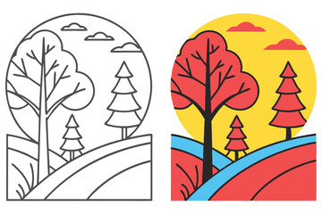 Autumn landscape coloring page with trees hills and sky