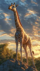 Obraz premium Majestic giraffe stands tall on rocky outcrop during golden hour in natural habitat