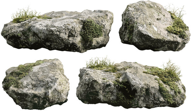 Vector mossy stone backgrounds, realistic cut out transparent PNG file, green moss texture, natural rock surface, isolated elements, 3D stone clipart, decorative moss-covered stone