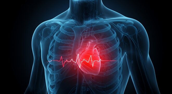 Human Anatomy with Heartbeat Illustration in the Chest Area