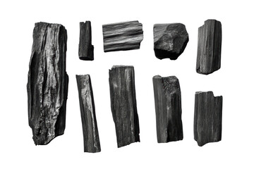 Set of charcoal isolated on transparent or white background, png