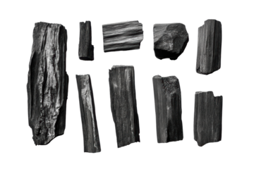 Set of charcoal isolated on transparent or white background, png