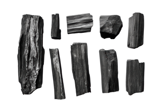 Set of charcoal isolated on transparent or white background, png