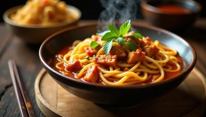 Steaming bowl of red pork noodles on wooden table, bamboo steamers, crispy noodles