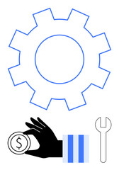 Gear outline, hand holding a coin, wrench symbolizing finance, tools, operations, and management concepts. Ideal for business, repair innovation strategy economy efficiency. Flat simple metaphor