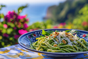 Italian Pesto Pasta with Parmesan and Pine Nuts - Traditional Ligurian Dish by the Mediterranean