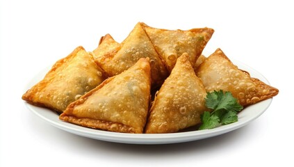 Crispy triangular pastries on a plate.  Golden brown, filled with savory ingredients