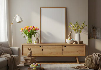 Warm and cozy composition of easter living room interior with mock up poster frame, vase with tulips, hare sculpture, carrot, bowl, wooden sideboard and personal accessories