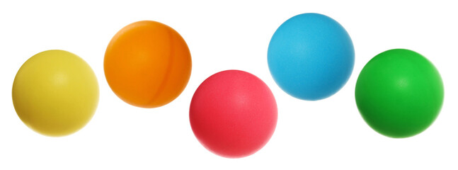 Set colorful ping-pong balls flying, isolated on white, clipping path