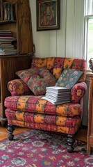 Cozy armchair with patterned upholstery, books, and pillows in a home library
