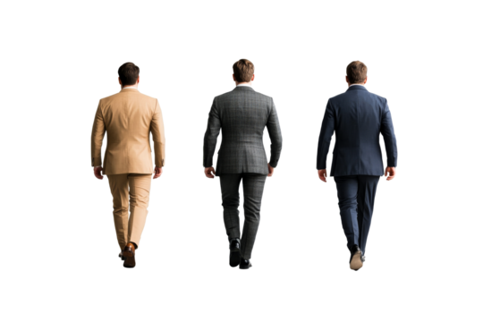 Three Men in Suits Walking Away on Black Background, cut out transparent