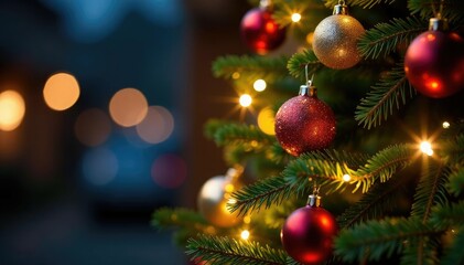 Obraz premium Tree covered in glittering ornaments and sparkling lights, garland, festive atmosphere, twinkling lights