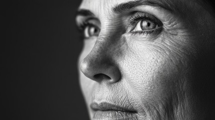 A thoughtful, mature woman gazes intently at the viewer.