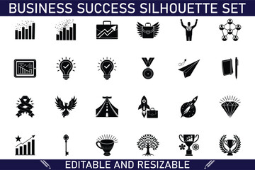 Business Success Silhouette Icons Growth, Achievement, Strategy Set