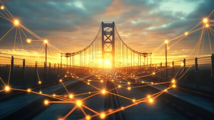 Obraz premium A suspension bridge under a dramatic sunset and connected network of lights