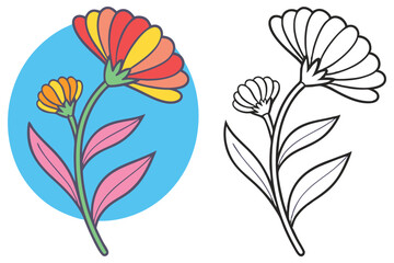 A Vibrant Colorful Flower and its Line Art Coloring Page Illustration Two Blooming Flowers with Pink Leaves on a Blue Circle Background