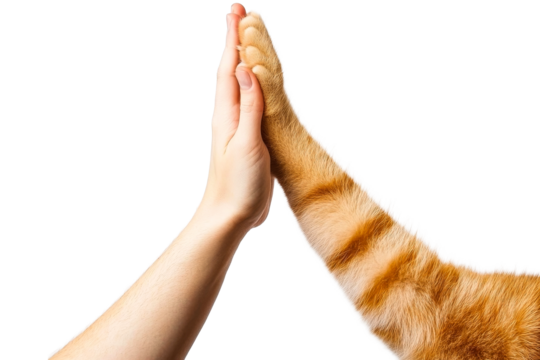 Human and cat paw giving high five on black background, cut out transparent