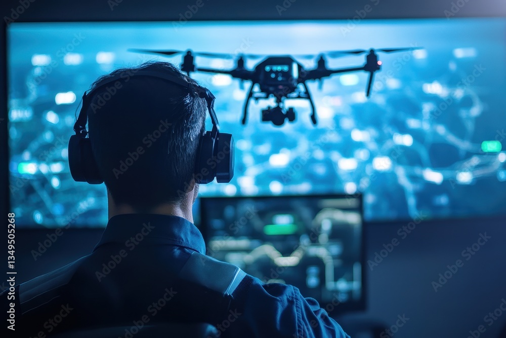 Poster person monitoring a drone flight with advanced technology display