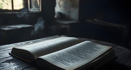 Fototapeta premium Antique Book with Sunlight Shadows on Wooden Table
