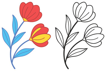 A delightful pair of floral illustrations showcasing a vibrant colored version and a simple line art version of a charming flower sprig