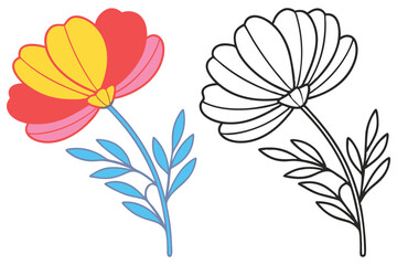 Colorful Flower Illustration with Line Art Version for Coloring Pages and Design Projects