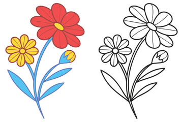 Colorful Flower Bouquet Illustration with Coloring Page Version