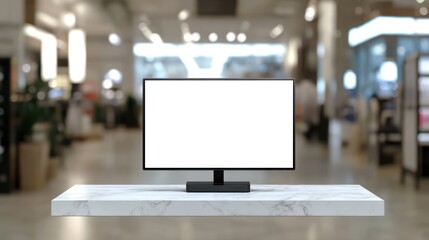 Blank display monitor on marble counter in store