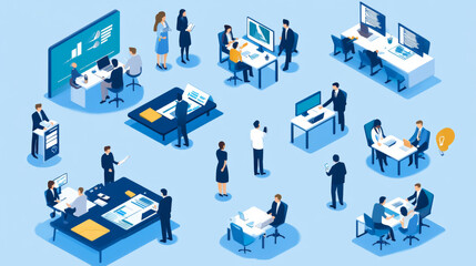 A set of isometric illustrations focusing on business recruitment, personnel selection by management teams, and human resources strategies