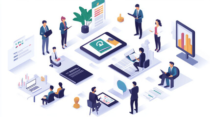 A set of isometric illustrations focusing on business recruitment, personnel selection by management teams, and human resources strategies