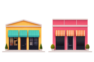 Two Colorful Storefronts with Awnings and Potted Plants, cut out transparent