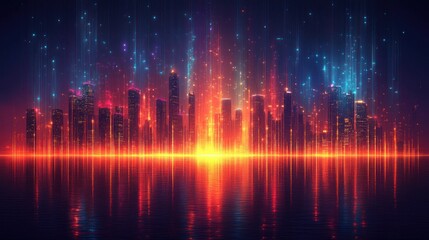 Futuristic city skyline at night with vibrant neon lights reflecting on water