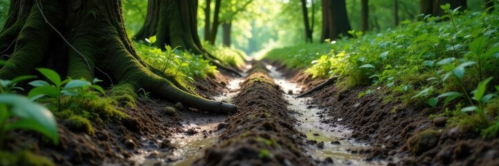 Twisted roots and vines covering muddy forest road, mud, overgrown, terrain