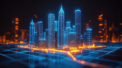 Fototapeta premium Futuristic city skyline, glowing with digital lines