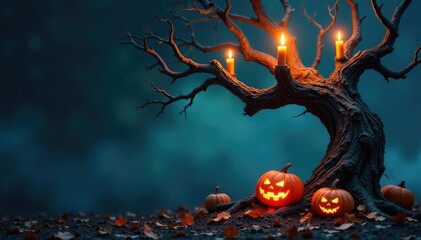 Twisted tree branches holding candles and pumpkins, spooky, tree, pumpkins