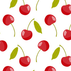 Seamless vector illustration of red cherries with green leaves on a white background. Perfect for textile, wallpaper, or packaging design, showcasing fresh summer fruit patterns.