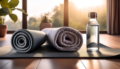 A yoga mat with neatly rolled towels and a water bottle.