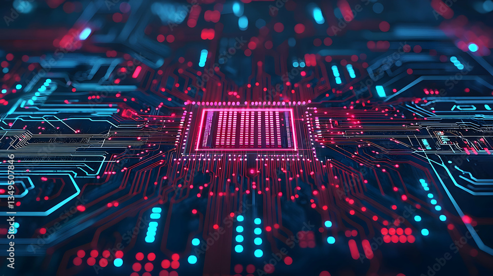 Poster abstract circuit board design with glowing neon lines