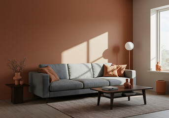 Stylish modern living room. A spacious sofa and minimalist decor in earthy tones create a warm and inviting living area