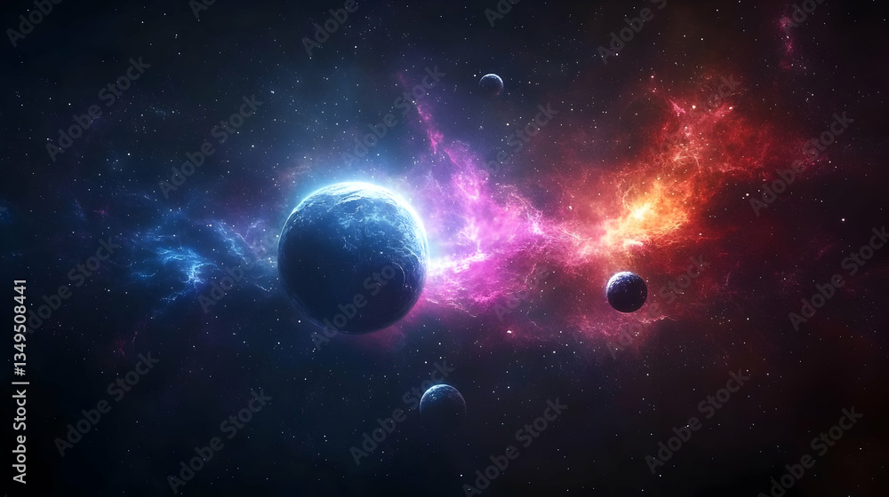 Poster cosmic scene of celestial spheres and multicolored nebulae against a dark starry background