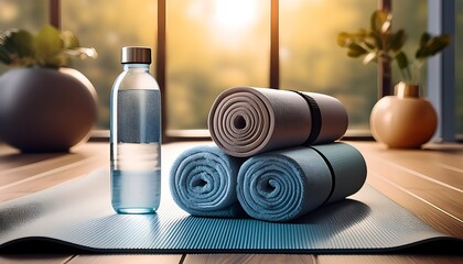 A yoga mat with neatly rolled towels and a water bottle.