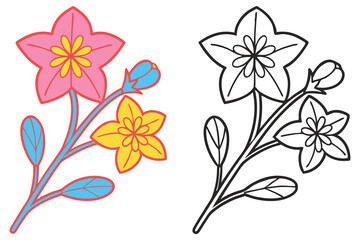 Colorful Flower Branch and its Outline for Coloring Pages a Delightful Illustration of Spring Blossoms Perfect for Kids Activities and Creative Expression