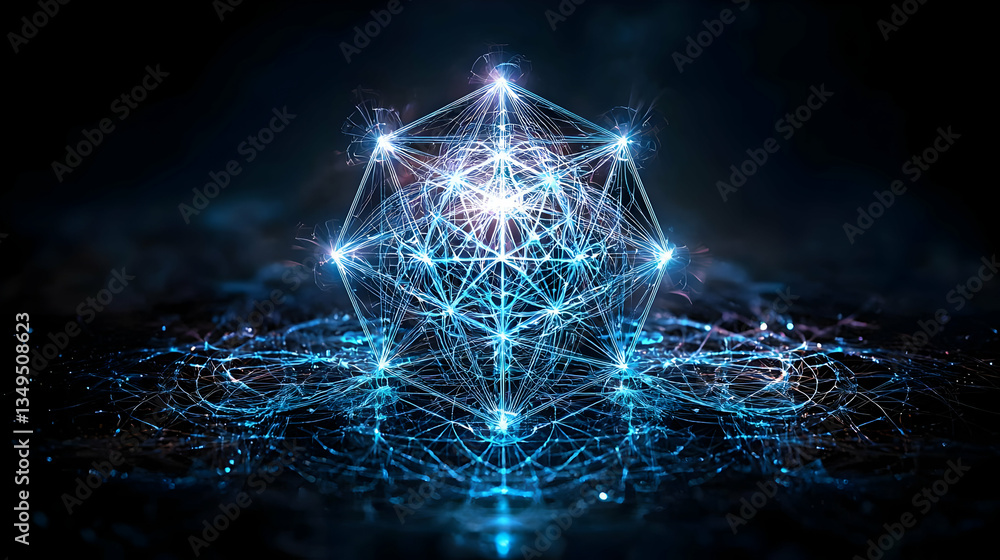 Poster abstract glowing geometric hexagon shape in dark background