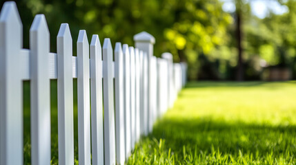 A close-up view of a well-maintained white picket fence with wooden posts and vinyl slats, standing against a lush green backyard, perfect for a family retreat.