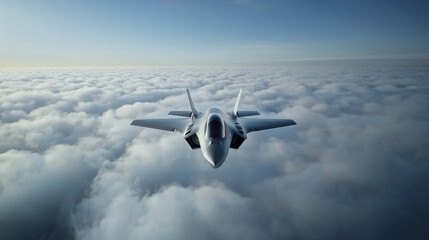 A breathtaking aerial shot of an F-35 Lightning piercing through wispy clouds, its grey exterior reflecting the ambient light of the open sky.