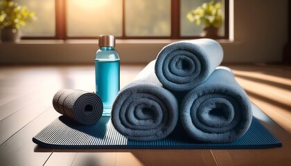 A yoga mat with neatly rolled towels and a water bottle.