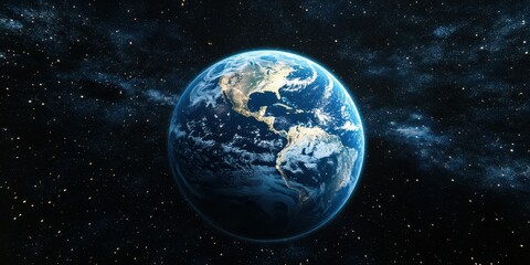 Earth viewed from space showing blue oceans, white continents, and celestial surroundings in a clear cosmic backdrop