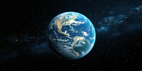 Planet Earth viewed from space showcasing the continents and oceans during a clear night